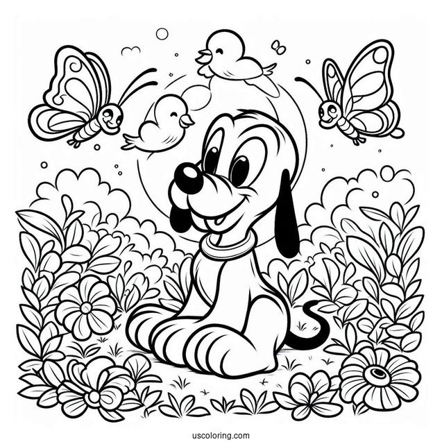 Pluto Coloring Page Sitting In Garden With Butterflies And Birds