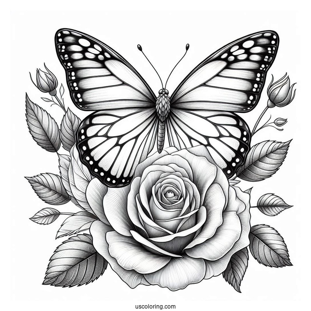 Realistic Butterfly Coloring Page On A Large Rose
