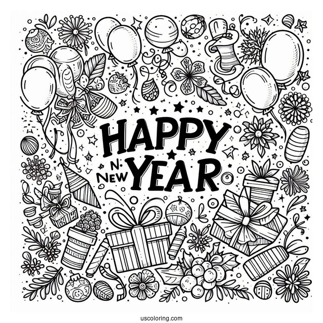 Happy New Year Coloring Page Of Confetti And Balloons