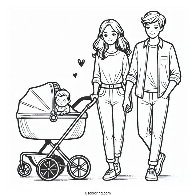 Mother And Father Walking Baby Coloring Page In Stroller