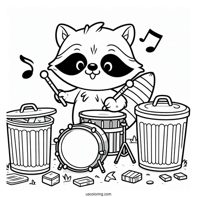 Raccoon Coloring Page Playing Drums With Trash Bins