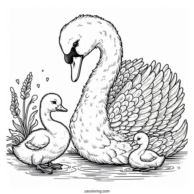 Mama Swan Coloring Page With Baby Cygnets