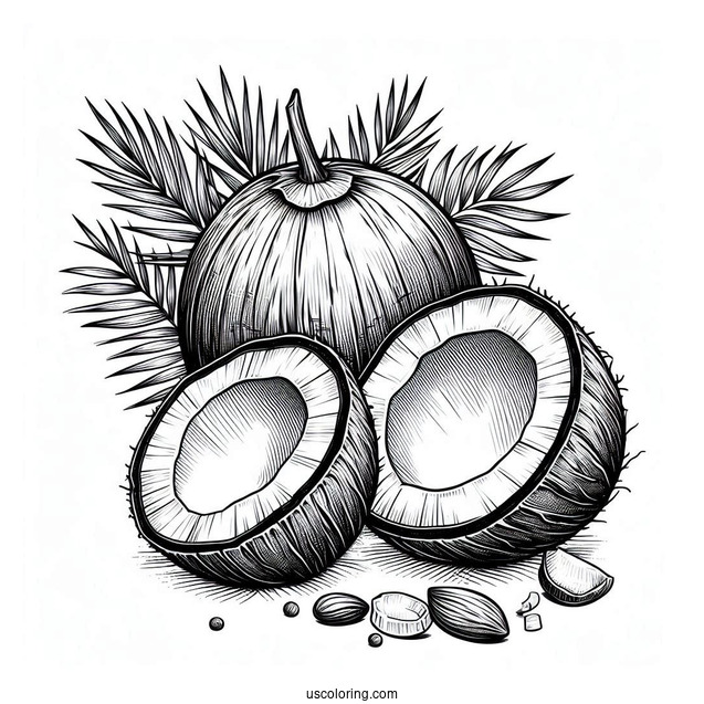 Realistic Whole And Half Coconut Coloring Page For Kids