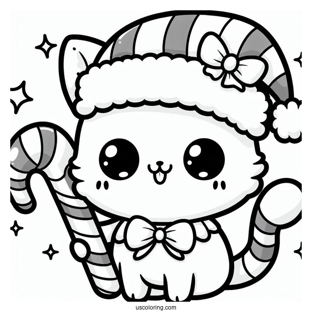 Kawaii Cat With Santa Hat Holding A Candy Cane Coloring Page For Preschoolers