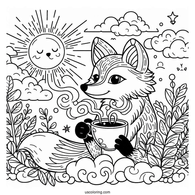 Detailed Fox Coloring Page Holding Cup In Clouds