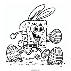 Easter Coloring Page Of SpongeBob In Bunny Costume Running With Easter Eggs