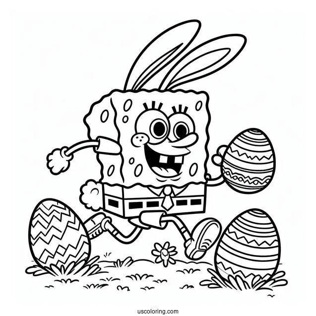 Easter Coloring Page Of SpongeBob In Bunny Costume Running With Easter Eggs