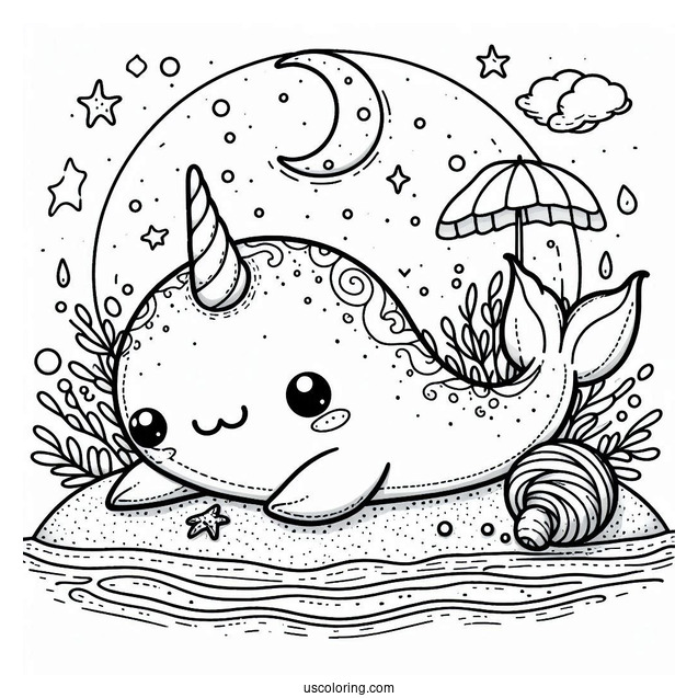 Stitch And A Narwhal Coloring Page Lounging At The Beach