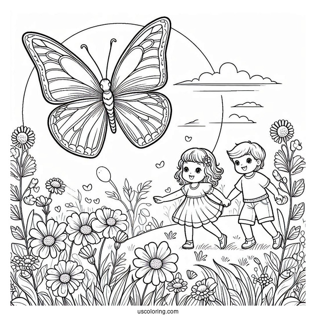 A Butterfly Hovering Over A Field Of Flowers With Two Children