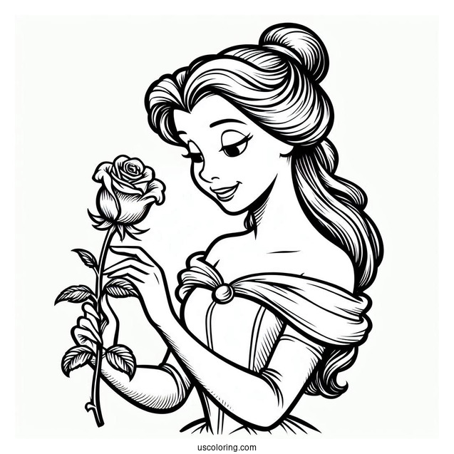 Detailed Coloring Page Of Belle Holding a Rose