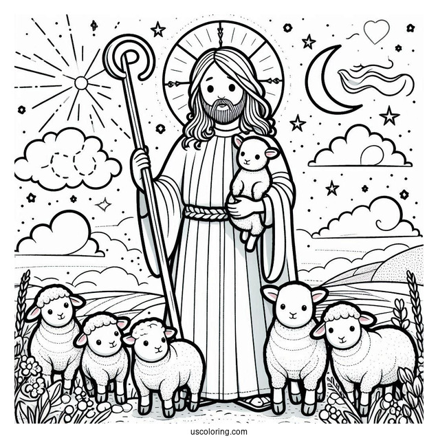 Easy Cute Cartoon Jesus With Lambs Coloring In