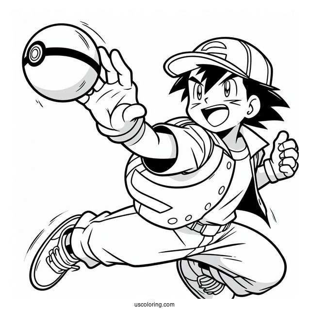 Ash Ketchum Throwing Pokeball Coloring Page For Kids