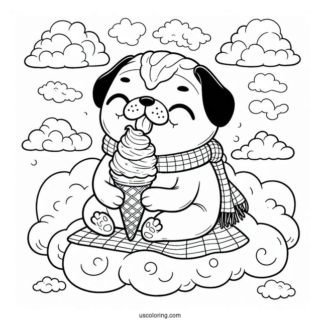Pug Coloring Page Enjoying Ice Cream Cone In The Clouds for Kids