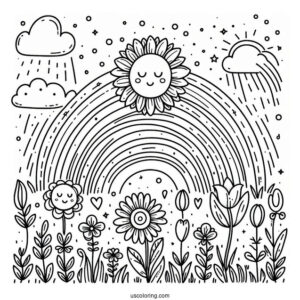 Spring Coloring Page Sun, Rainbow And Flower Field For Preschoolers