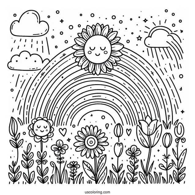 Spring Coloring Page Sun, Rainbow And Flower Field For Preschoolers