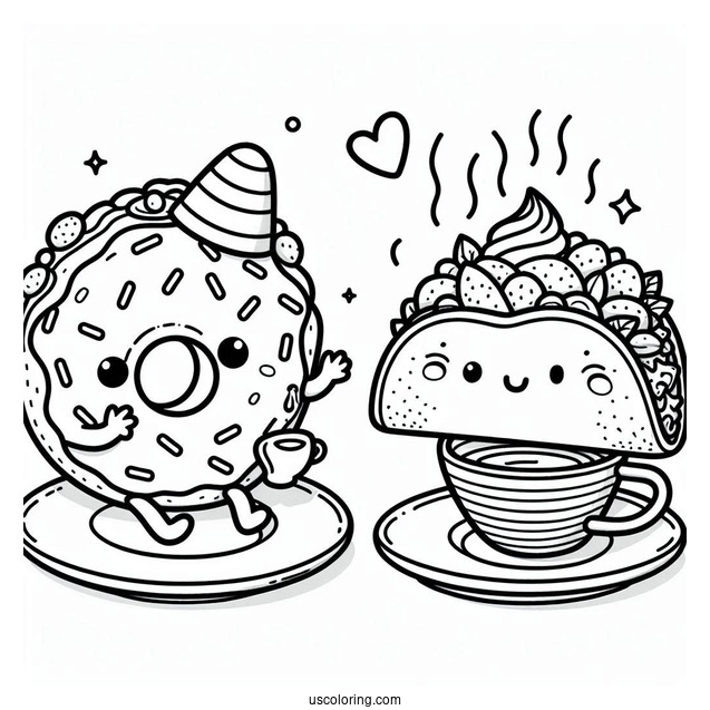 Pretty Donut And Taco Having A Tea Party Coloring Sheet