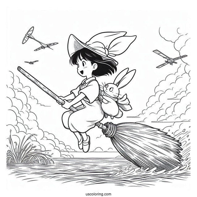 Studio Ghibli Coloring Page of Kiki s Delivery Service Riding Broom With Jiji Over Ocean