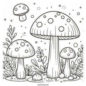 Big And Small Cartoon Mushroom Coloring Page In The Garden For Kids