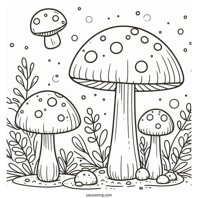 Big And Small Cartoon Mushroom Coloring Page In The Garden For Kids