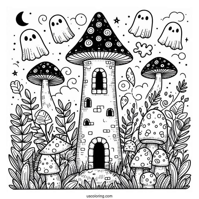 Mushroom Coloring Page Tower With Ghost And Floral Backgrounds