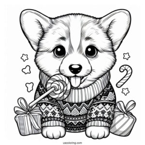 Christmas Coloring Pages For Adults Of Cute Corgi In Sweater Biting A Treat Christmas Coloring Page