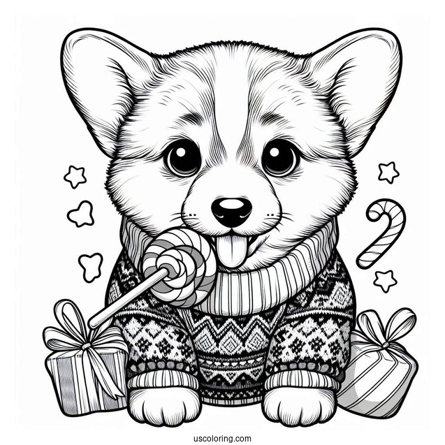 Christmas Coloring Pages For Adults Of Cute Corgi In Sweater Biting A Treat Christmas Coloring Page