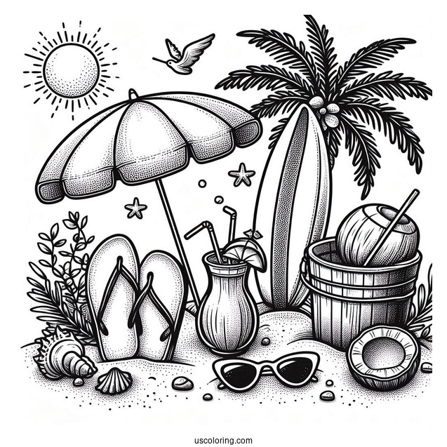 Beach Flip Flops, Umbrella, Surfboard, Seashell, Palm Tree, Coconut Drink, Bucket, And Sun