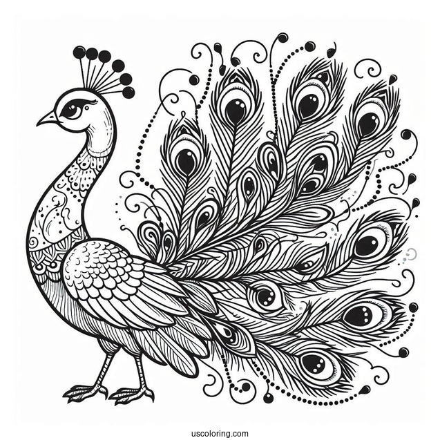 Peacock With Feathers Spread For Coloring