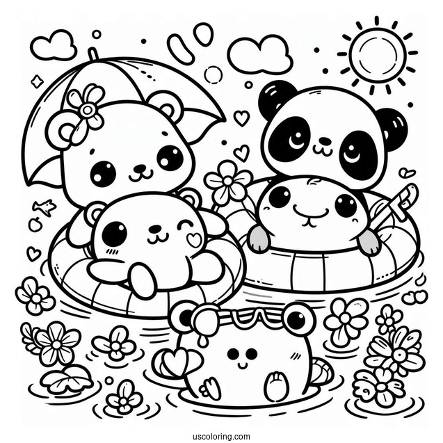 Summer Coloring Page Of Kawaii Bear, Panda, And Frog Floating In The Pool