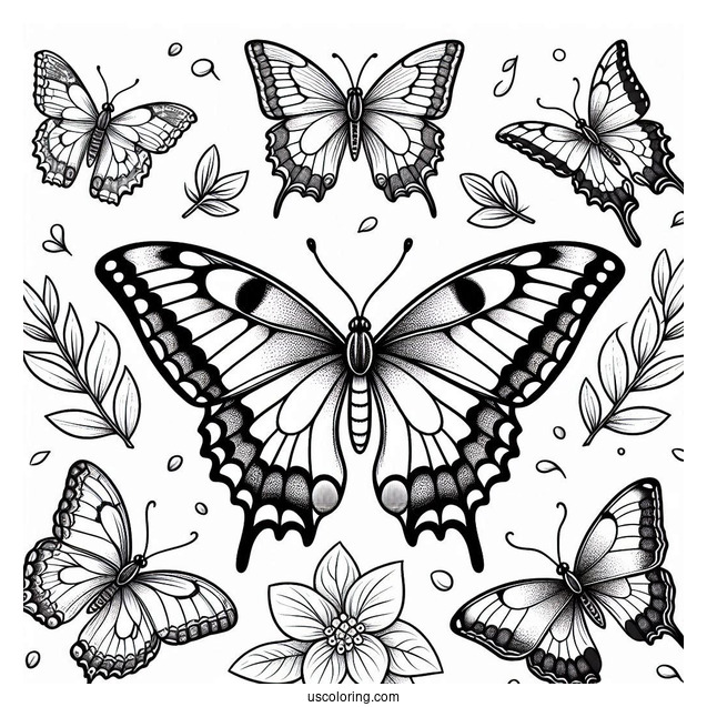 Swallowtail Butterfly With Other Butterflies To Color