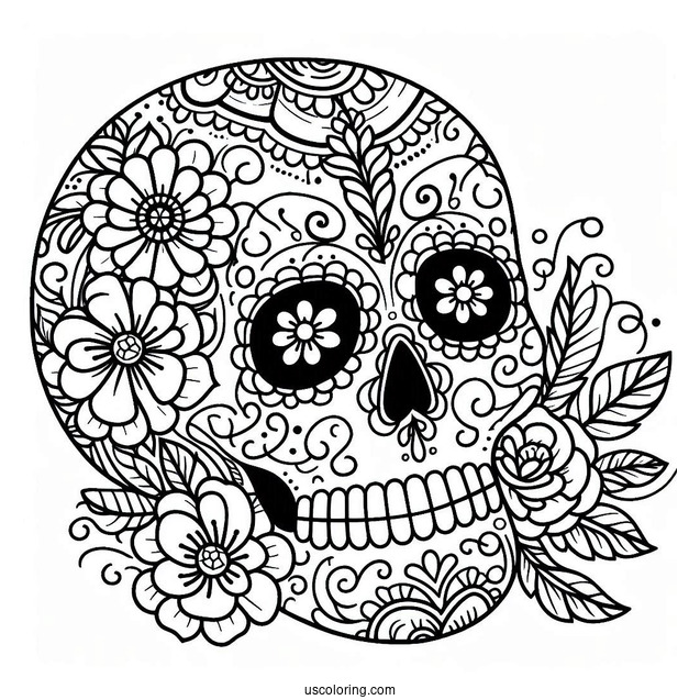 Sugar Skulls Coloring Page With Floral Patterns For Preschoolers