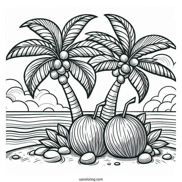 Two Large Coconut Coloring Page Trees On An Island