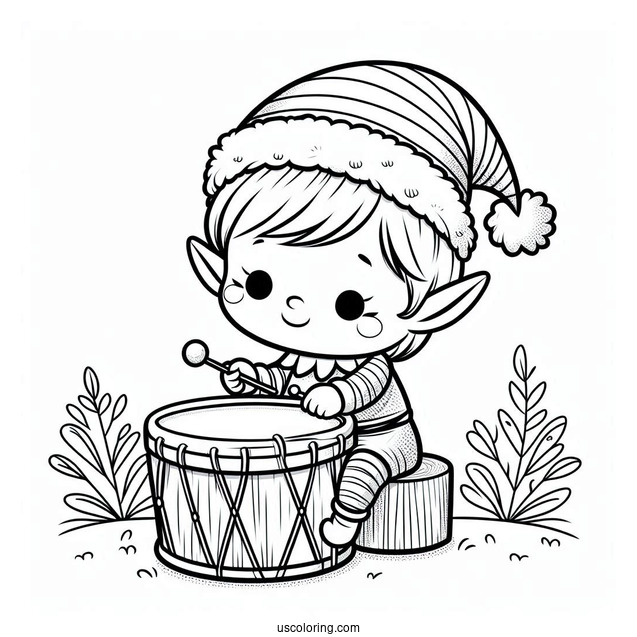 Cute Elf Playing a Drum To Color