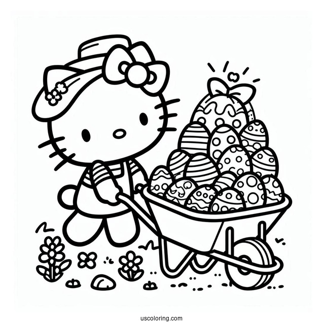 Easter Coloring Page Of Hello Kitty Pulling Wheelbarrow Filled With Easter Eggs For Kids