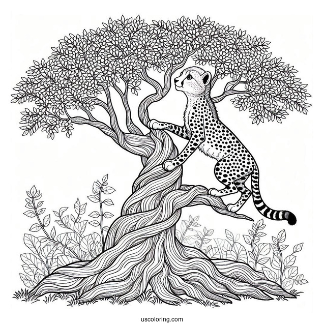 Detailed Cheetah Coloring Page Climbing Tree