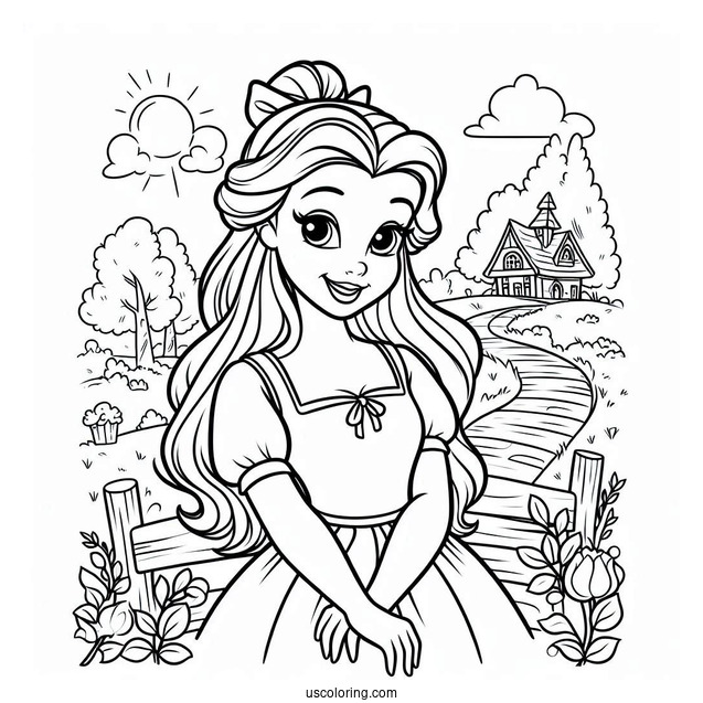 Smiling Belle In Her Village To Color