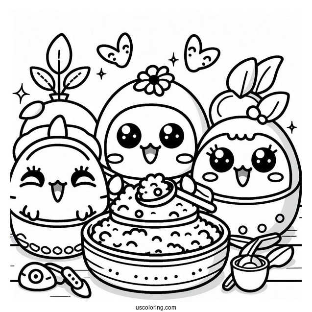 Tamagotchi Coloring Page Of Kuchipatchi, Mametchi, Lovelin, Chamametchi, And Friends Eating For Kids