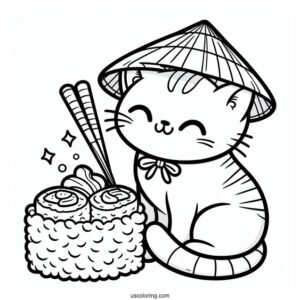 Cat Wearing A Hat While Eating Sushi Coloring Pages