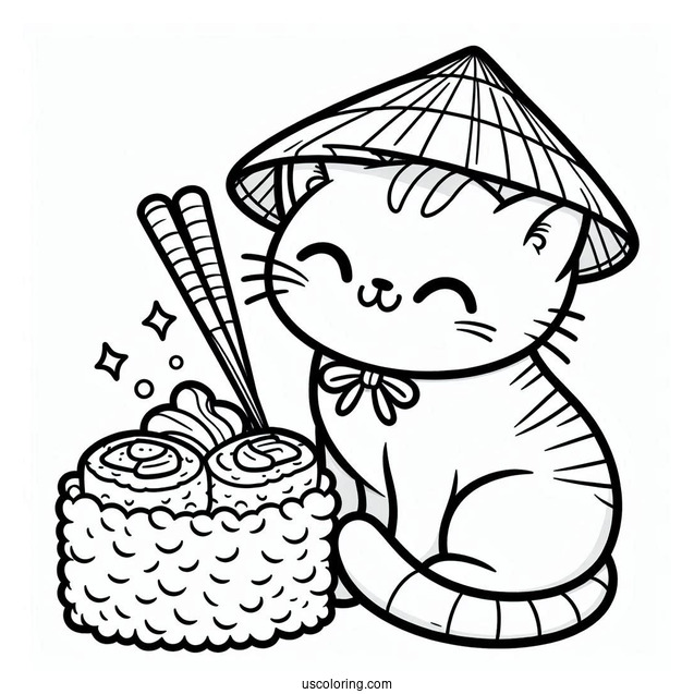Cat Wearing A Hat While Eating Sushi Coloring Pages