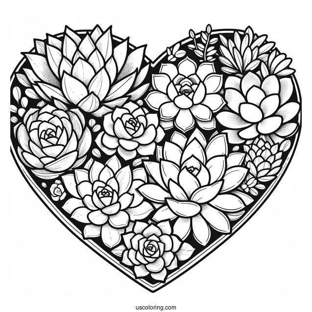 Various Succulent Coloring Page In A Heart Shaped Container