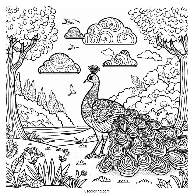 Majestic Peacock Coloring Page in Forest Landscape with Trees and Clouds