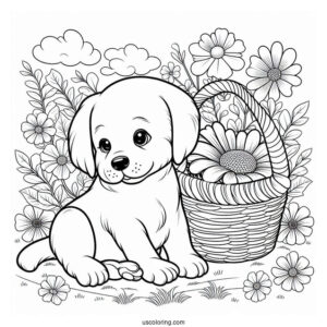 Labrador Puppy On Flower Bed Coloring Sheet