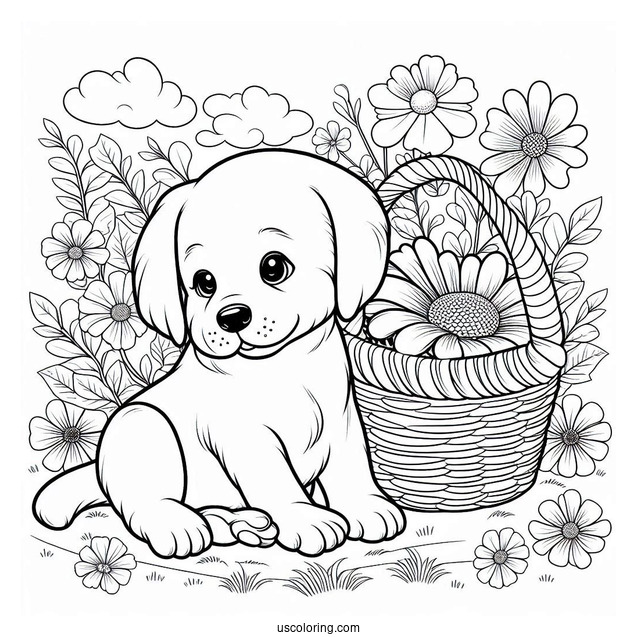 Labrador Puppy On Flower Bed Coloring Sheet