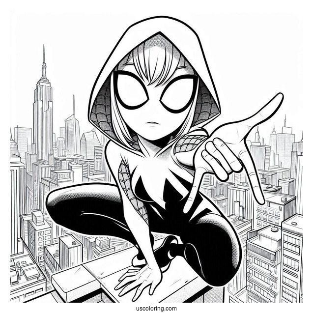 Spider-Gwen Coloring Page On The Edge Of A Building Holding Her Hand Out