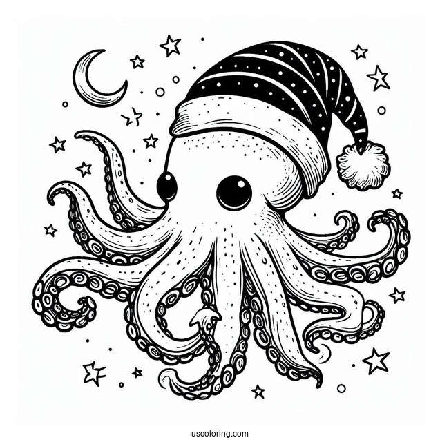 Octopus Coloring Page Wearing Night Cap