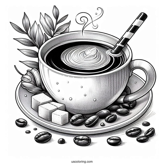 Realistic Cup Of Coffee Coloring Pages With Maracon, Sugar Cubes, And Beans