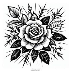 Flower Coloring Pages Of Blooming Rose With Thorns