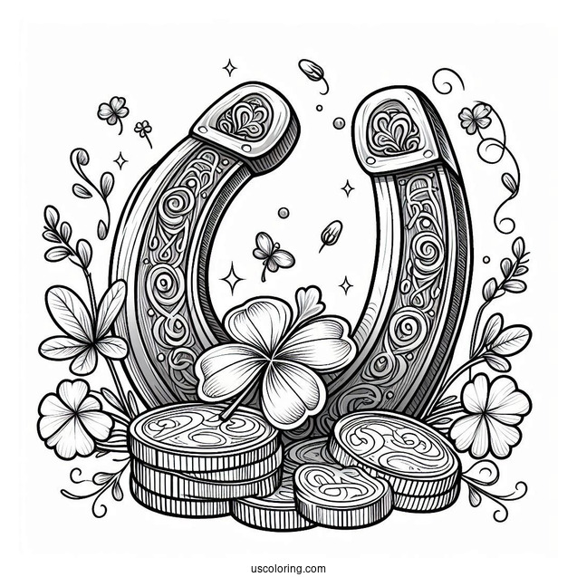 Lucky Horseshoe With Shamrocks And Coins To Color