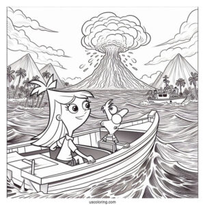 Phineas And Ferb Coloring Page With Isabella Watching Volcanic Eruption From Boat