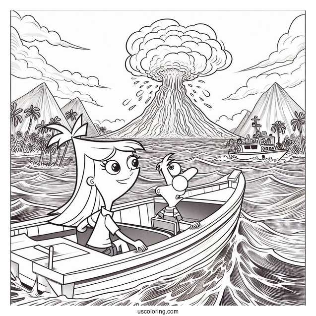 Phineas And Ferb Coloring Page With Isabella Watching Volcanic Eruption From Boat